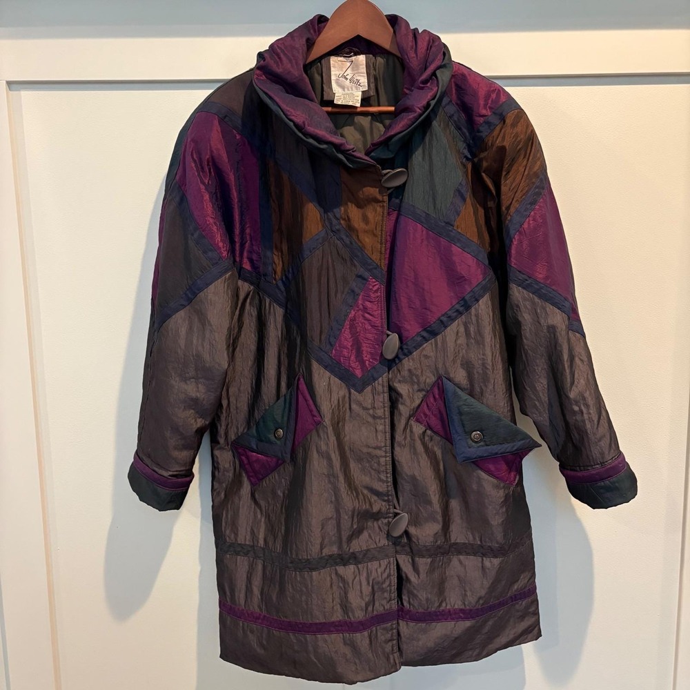 Vintage 90s Colorblock Jacket Geometric Quilt Lined Winter Coat XL